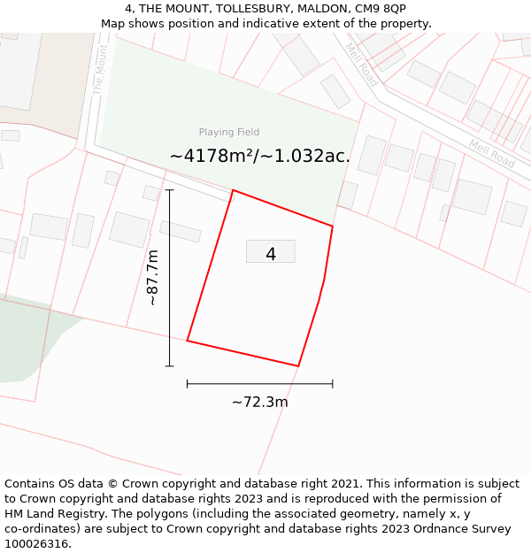 4, THE MOUNT, TOLLESBURY, MALDON, CM9 8QP: Plot and title map