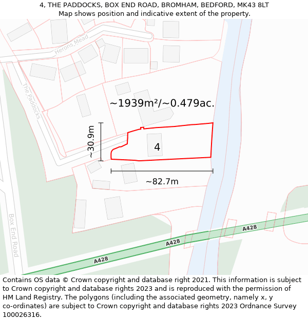 4, THE PADDOCKS, BOX END ROAD, BROMHAM, BEDFORD, MK43 8LT: Plot and title map