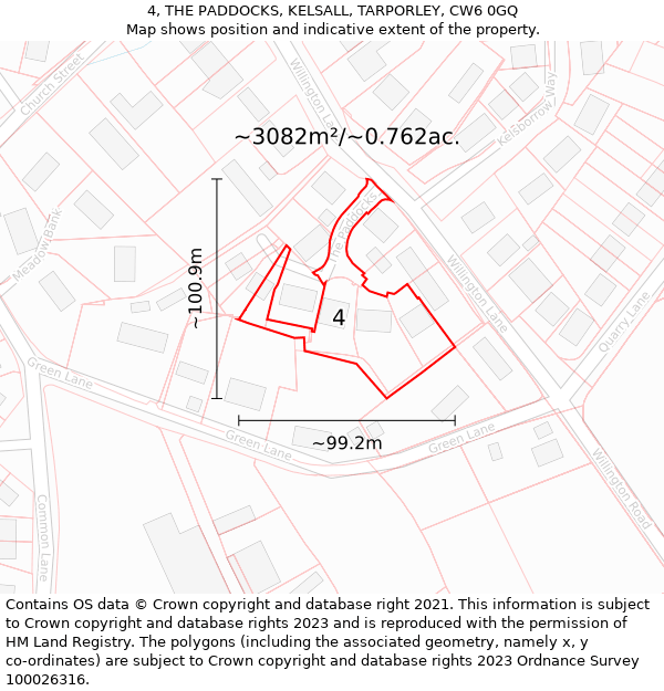 4, THE PADDOCKS, KELSALL, TARPORLEY, CW6 0GQ: Plot and title map