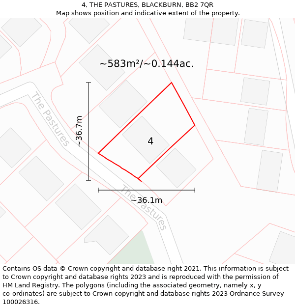 4, THE PASTURES, BLACKBURN, BB2 7QR: Plot and title map