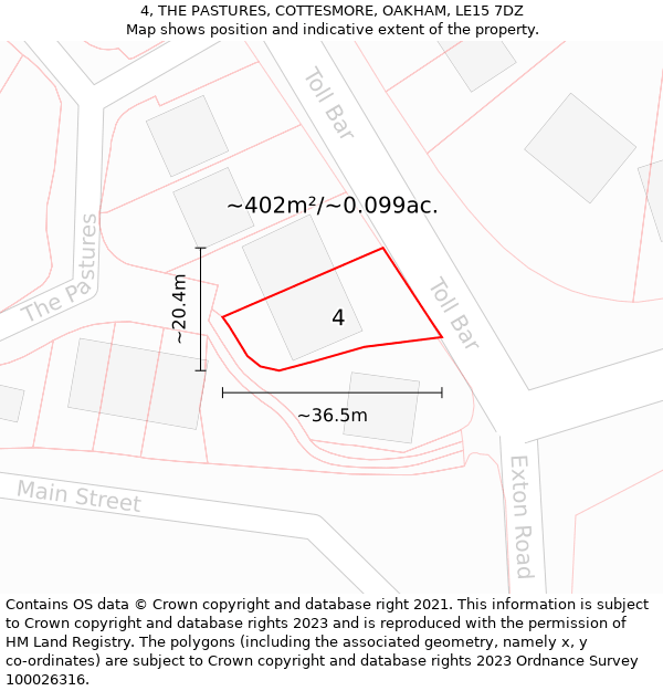 4, THE PASTURES, COTTESMORE, OAKHAM, LE15 7DZ: Plot and title map