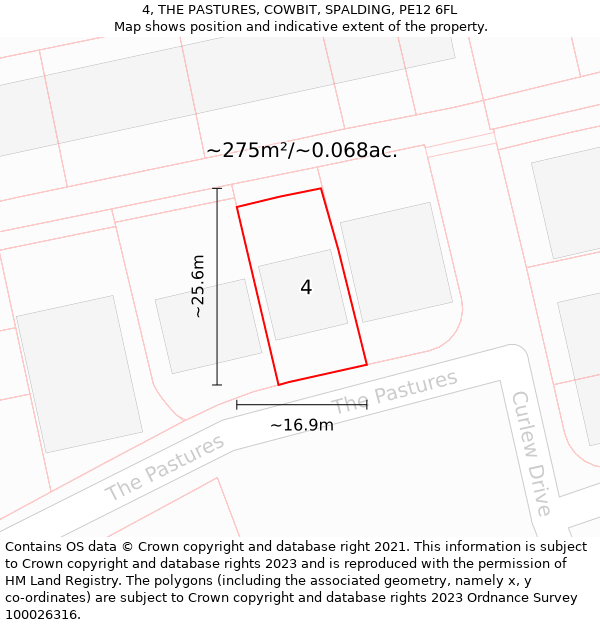 4, THE PASTURES, COWBIT, SPALDING, PE12 6FL: Plot and title map