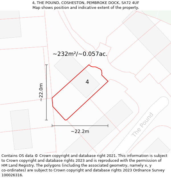 4, THE POUND, COSHESTON, PEMBROKE DOCK, SA72 4UF: Plot and title map