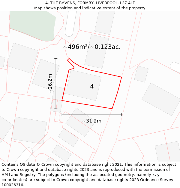 4, THE RAVENS, FORMBY, LIVERPOOL, L37 4LF: Plot and title map