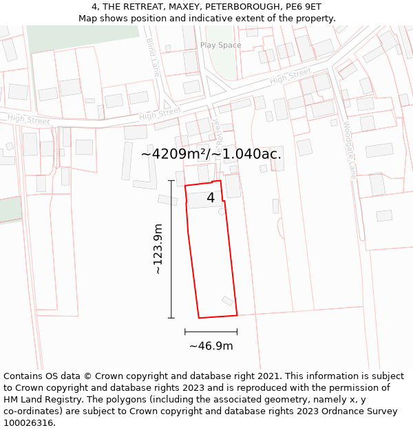 4, THE RETREAT, MAXEY, PETERBOROUGH, PE6 9ET: Plot and title map