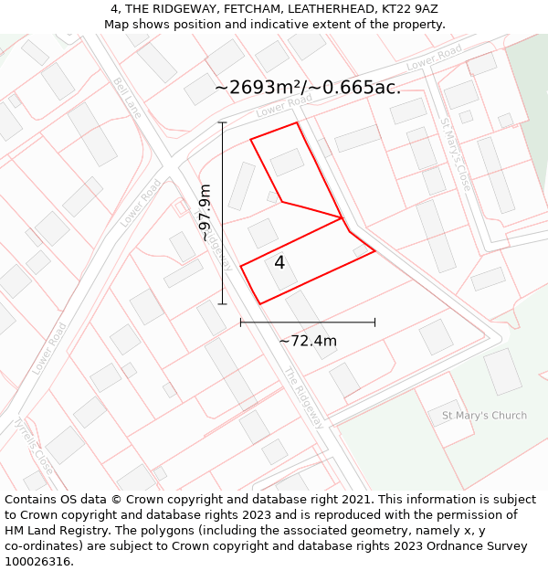 4, THE RIDGEWAY, FETCHAM, LEATHERHEAD, KT22 9AZ: Plot and title map