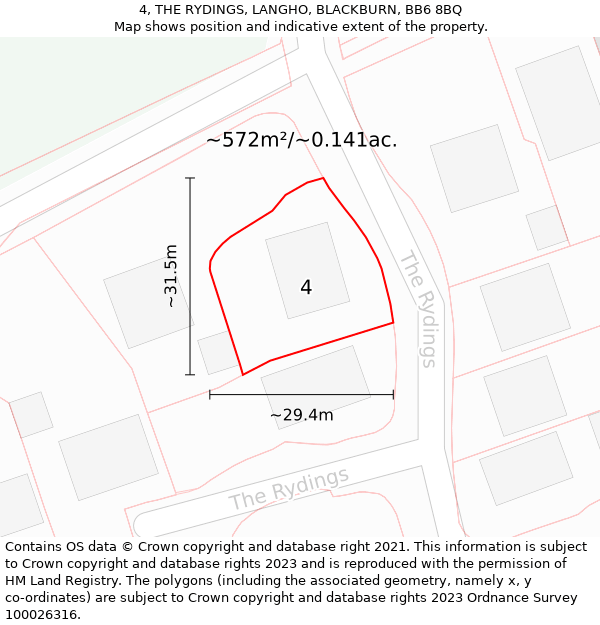 4, THE RYDINGS, LANGHO, BLACKBURN, BB6 8BQ: Plot and title map