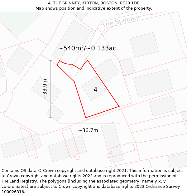 4, THE SPINNEY, KIRTON, BOSTON, PE20 1DE: Plot and title map