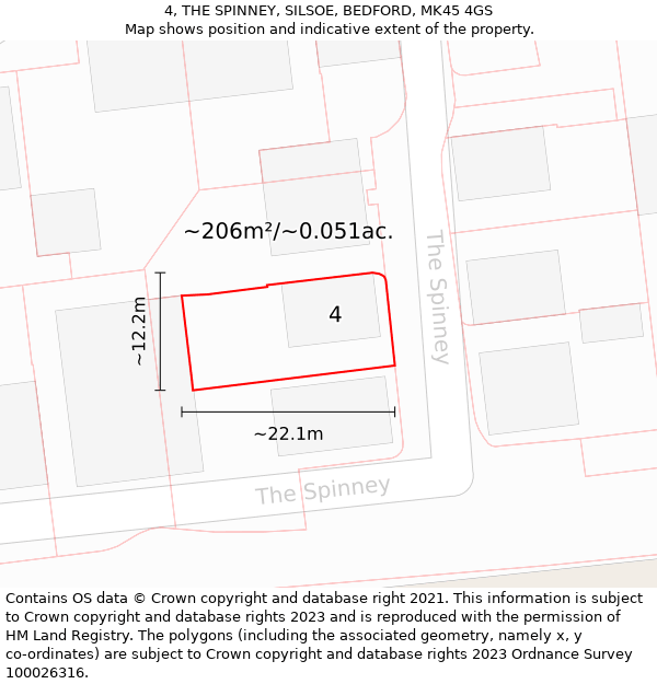 4, THE SPINNEY, SILSOE, BEDFORD, MK45 4GS: Plot and title map