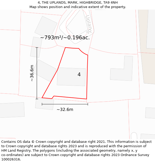 4, THE UPLANDS, MARK, HIGHBRIDGE, TA9 4NH: Plot and title map