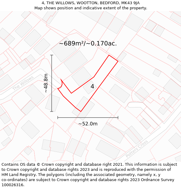 4, THE WILLOWS, WOOTTON, BEDFORD, MK43 9JA: Plot and title map