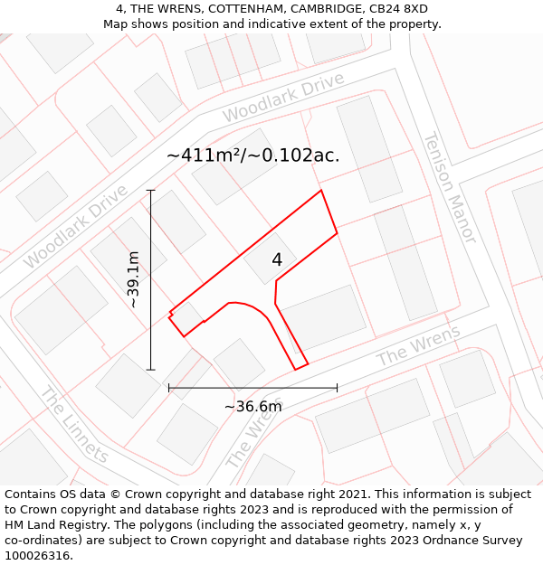 4, THE WRENS, COTTENHAM, CAMBRIDGE, CB24 8XD: Plot and title map