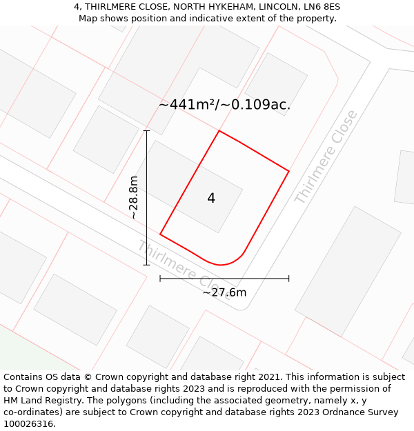 4, THIRLMERE CLOSE, NORTH HYKEHAM, LINCOLN, LN6 8ES: Plot and title map