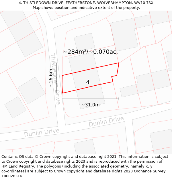 4, THISTLEDOWN DRIVE, FEATHERSTONE, WOLVERHAMPTON, WV10 7SX: Plot and title map