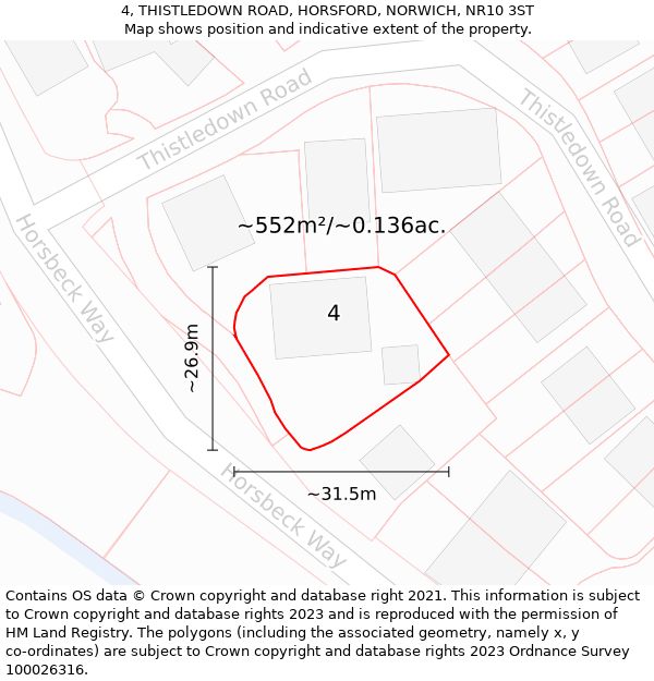 4, THISTLEDOWN ROAD, HORSFORD, NORWICH, NR10 3ST: Plot and title map