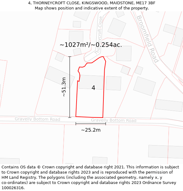 4, THORNEYCROFT CLOSE, KINGSWOOD, MAIDSTONE, ME17 3BF: Plot and title map