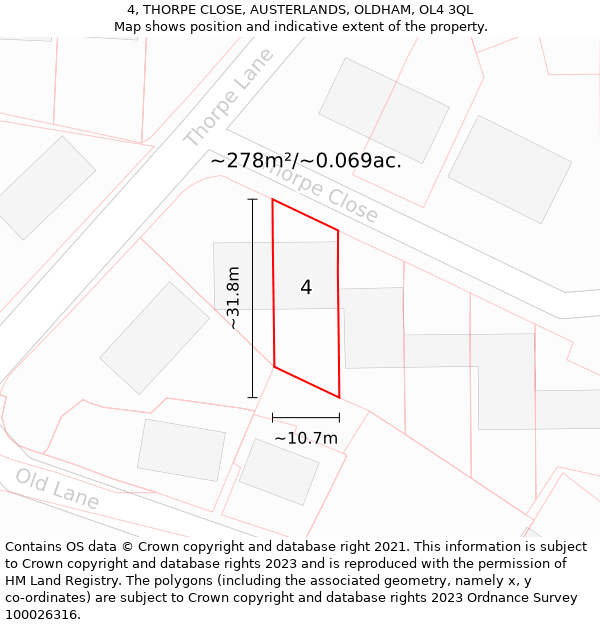 4, THORPE CLOSE, AUSTERLANDS, OLDHAM, OL4 3QL: Plot and title map