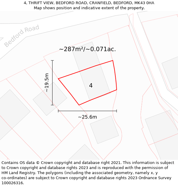 4, THRIFT VIEW, BEDFORD ROAD, CRANFIELD, BEDFORD, MK43 0HA: Plot and title map