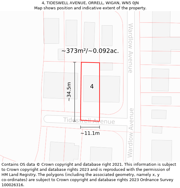 4, TIDESWELL AVENUE, ORRELL, WIGAN, WN5 0JN: Plot and title map