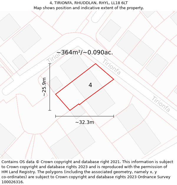 4, TIRIONFA, RHUDDLAN, RHYL, LL18 6LT: Plot and title map