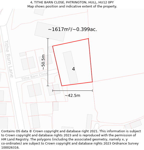 4, TITHE BARN CLOSE, PATRINGTON, HULL, HU12 0PY: Plot and title map