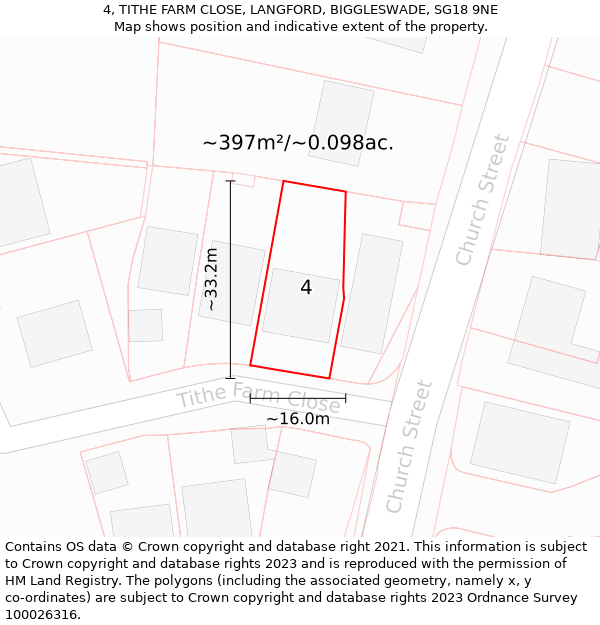 4, TITHE FARM CLOSE, LANGFORD, BIGGLESWADE, SG18 9NE: Plot and title map