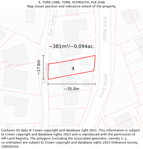 4, TORR LANE, TORR, PLYMOUTH, PL8 2HW: Plot and title map