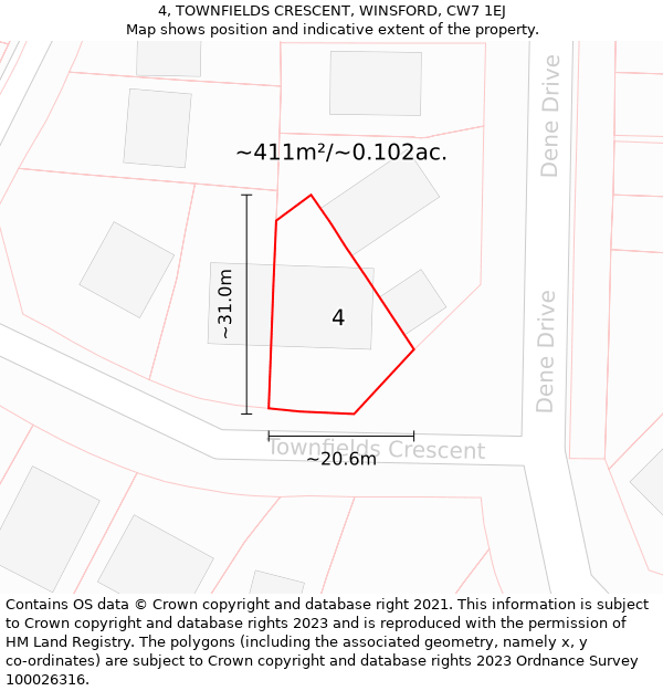 4, TOWNFIELDS CRESCENT, WINSFORD, CW7 1EJ: Plot and title map