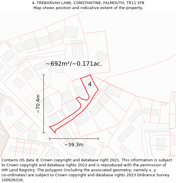 4, TREBARVAH LANE, CONSTANTINE, FALMOUTH, TR11 5FB: Plot and title map