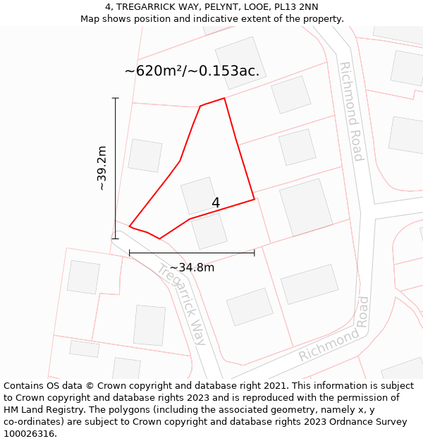 4, TREGARRICK WAY, PELYNT, LOOE, PL13 2NN: Plot and title map