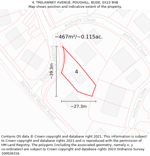 4, TRELAWNEY AVENUE, POUGHILL, BUDE, EX23 9HB: Plot and title map