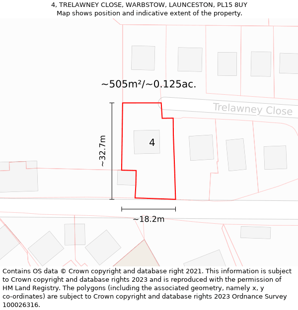 4, TRELAWNEY CLOSE, WARBSTOW, LAUNCESTON, PL15 8UY: Plot and title map