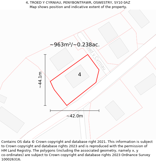 4, TROED Y CYRNIAU, PENYBONTFAWR, OSWESTRY, SY10 0AZ: Plot and title map