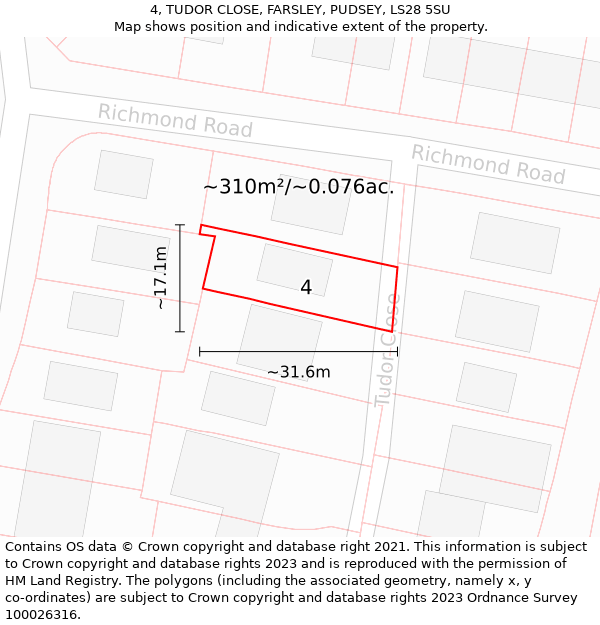 4, TUDOR CLOSE, FARSLEY, PUDSEY, LS28 5SU: Plot and title map