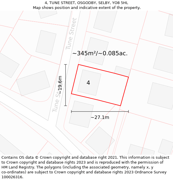 4, TUNE STREET, OSGODBY, SELBY, YO8 5HL: Plot and title map