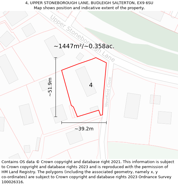 4, UPPER STONEBOROUGH LANE, BUDLEIGH SALTERTON, EX9 6SU: Plot and title map