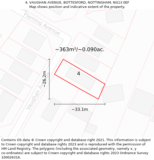 4, VAUGHAN AVENUE, BOTTESFORD, NOTTINGHAM, NG13 0EF: Plot and title map