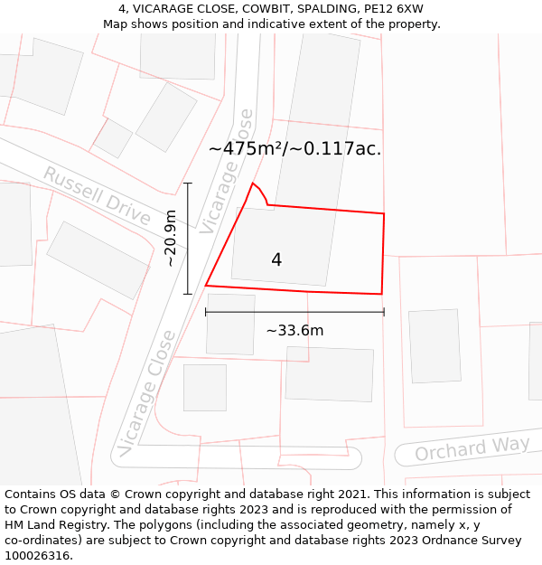 4, VICARAGE CLOSE, COWBIT, SPALDING, PE12 6XW: Plot and title map