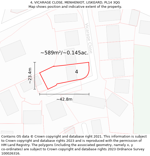 4, VICARAGE CLOSE, MENHENIOT, LISKEARD, PL14 3QG: Plot and title map