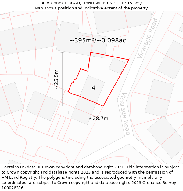 4, VICARAGE ROAD, HANHAM, BRISTOL, BS15 3AQ: Plot and title map