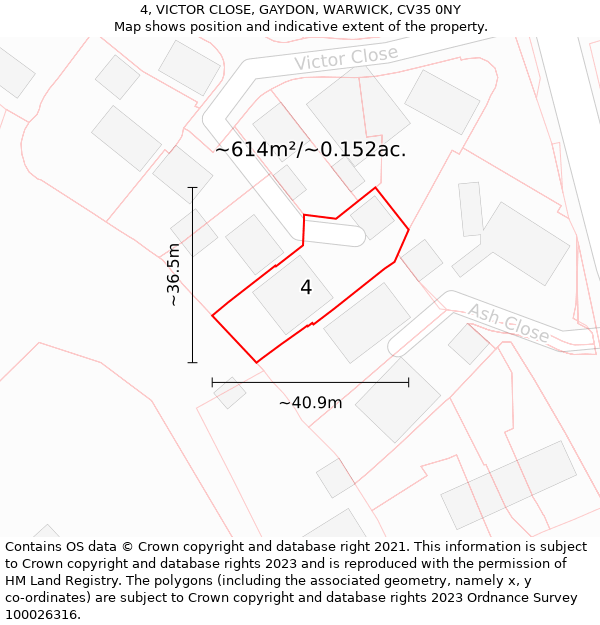 4, VICTOR CLOSE, GAYDON, WARWICK, CV35 0NY: Plot and title map