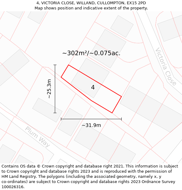 4, VICTORIA CLOSE, WILLAND, CULLOMPTON, EX15 2PD: Plot and title map