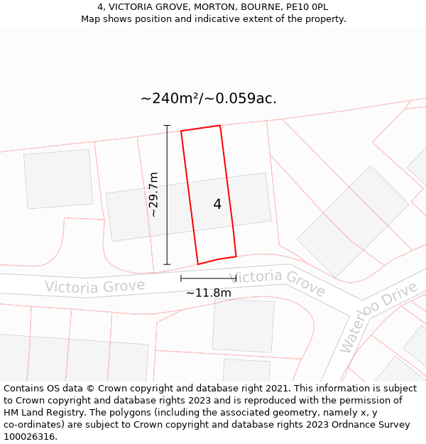 4, VICTORIA GROVE, MORTON, BOURNE, PE10 0PL: Plot and title map