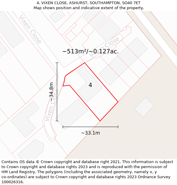 4, VIXEN CLOSE, ASHURST, SOUTHAMPTON, SO40 7ET: Plot and title map