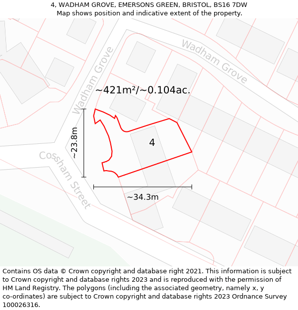 4, WADHAM GROVE, EMERSONS GREEN, BRISTOL, BS16 7DW: Plot and title map