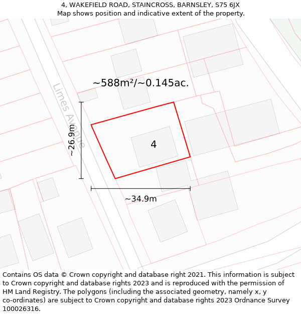 4, WAKEFIELD ROAD, STAINCROSS, BARNSLEY, S75 6JX: Plot and title map