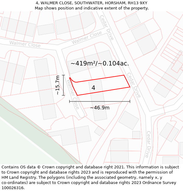 4, WALMER CLOSE, SOUTHWATER, HORSHAM, RH13 9XY: Plot and title map