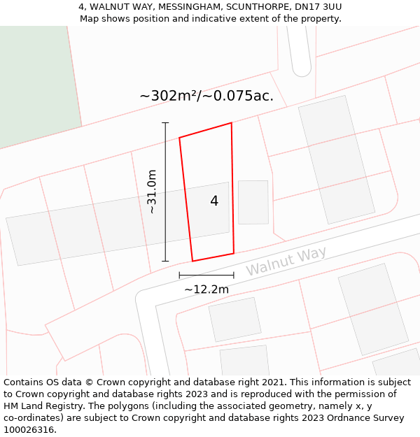 4, WALNUT WAY, MESSINGHAM, SCUNTHORPE, DN17 3UU: Plot and title map