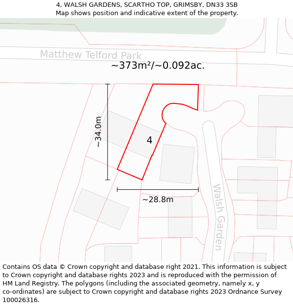 4, WALSH GARDENS, SCARTHO TOP, GRIMSBY, DN33 3SB: Plot and title map