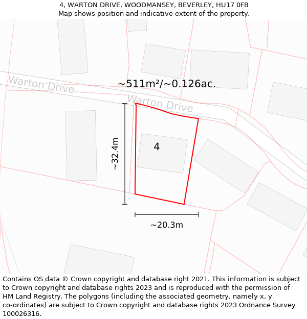 4, WARTON DRIVE, WOODMANSEY, BEVERLEY, HU17 0FB: Plot and title map